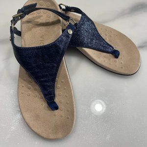 Vionic Kirra Navy Blue Metallic Thong Slingback Orthotic Leather Sandals